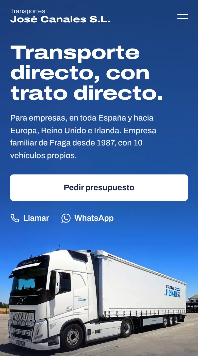 Portada de la web de Transportes José Canales: uno de sus camiones y el titular «Transporte directo, con trato directo.»
